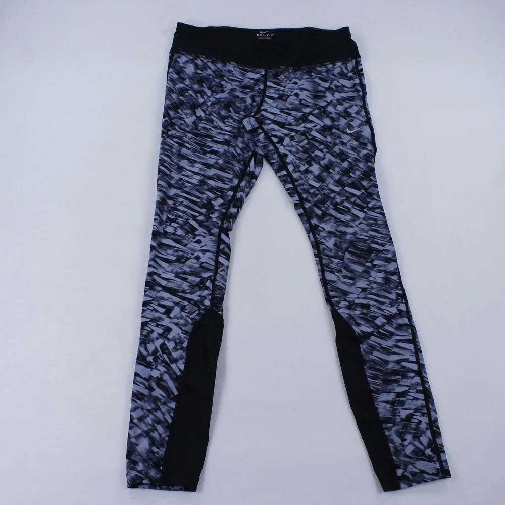 Nike Dri-FIT Graphic Athletic Tights Size L Gray Black Blue Back Pocket